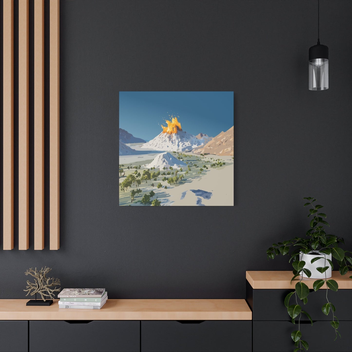 Tropical Volcano Eruption Canvas Wall Art | Stylized National-Park Vector Print on FSC-Certified Stretched Matte Canvas — Mystery Island Decor