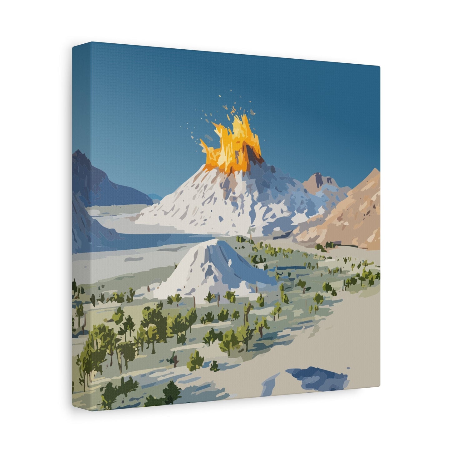 Tropical Volcano Eruption Canvas Wall Art | Stylized National-Park Vector Print on FSC-Certified Stretched Matte Canvas — Mystery Island Decor