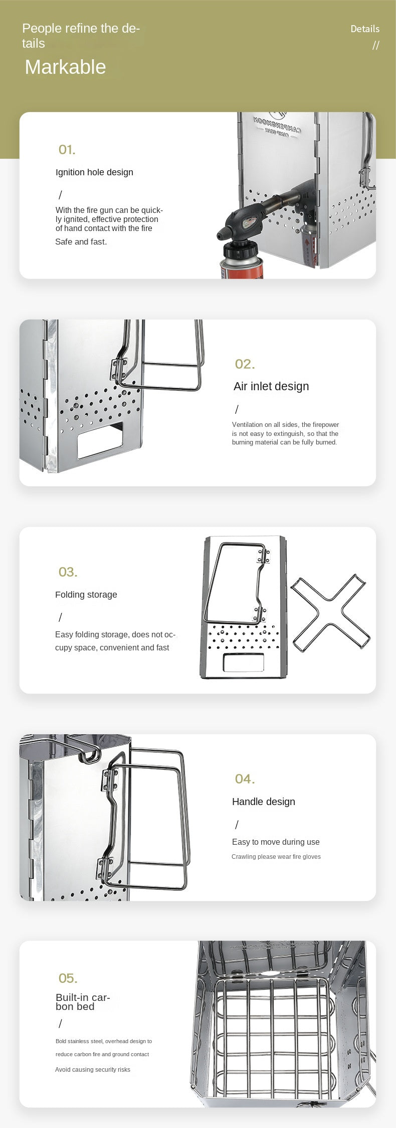 Campingmoon MT-18 Folding Firewood Stove Foldable Mid-Size Charcoal Igniter Fire Starter Burner Four Corner Charcoal Stove Tool Equipment Stainless Steel