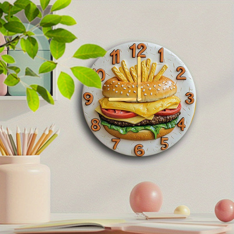 Quiet Round Wall Clock, French Fries & Burgers Theme TJR2B9H