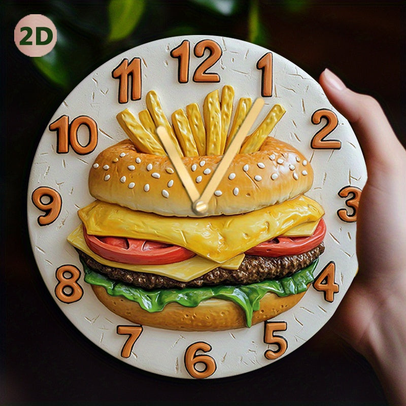 Quiet Round Wall Clock, French Fries & Burgers Theme TJR2B9H