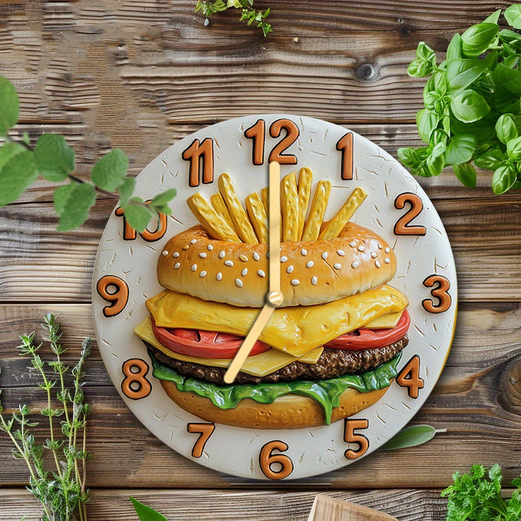 Quiet Round Wall Clock, French Fries & Burgers Theme TJR2B9H