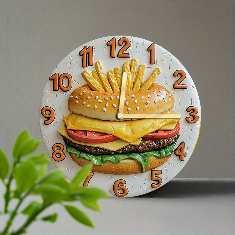Quiet Round Wall Clock, French Fries & Burgers Theme TJR2B9H