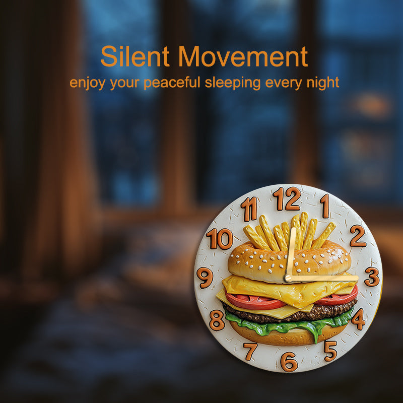 Quiet Round Wall Clock, French Fries & Burgers Theme TJR2B9H