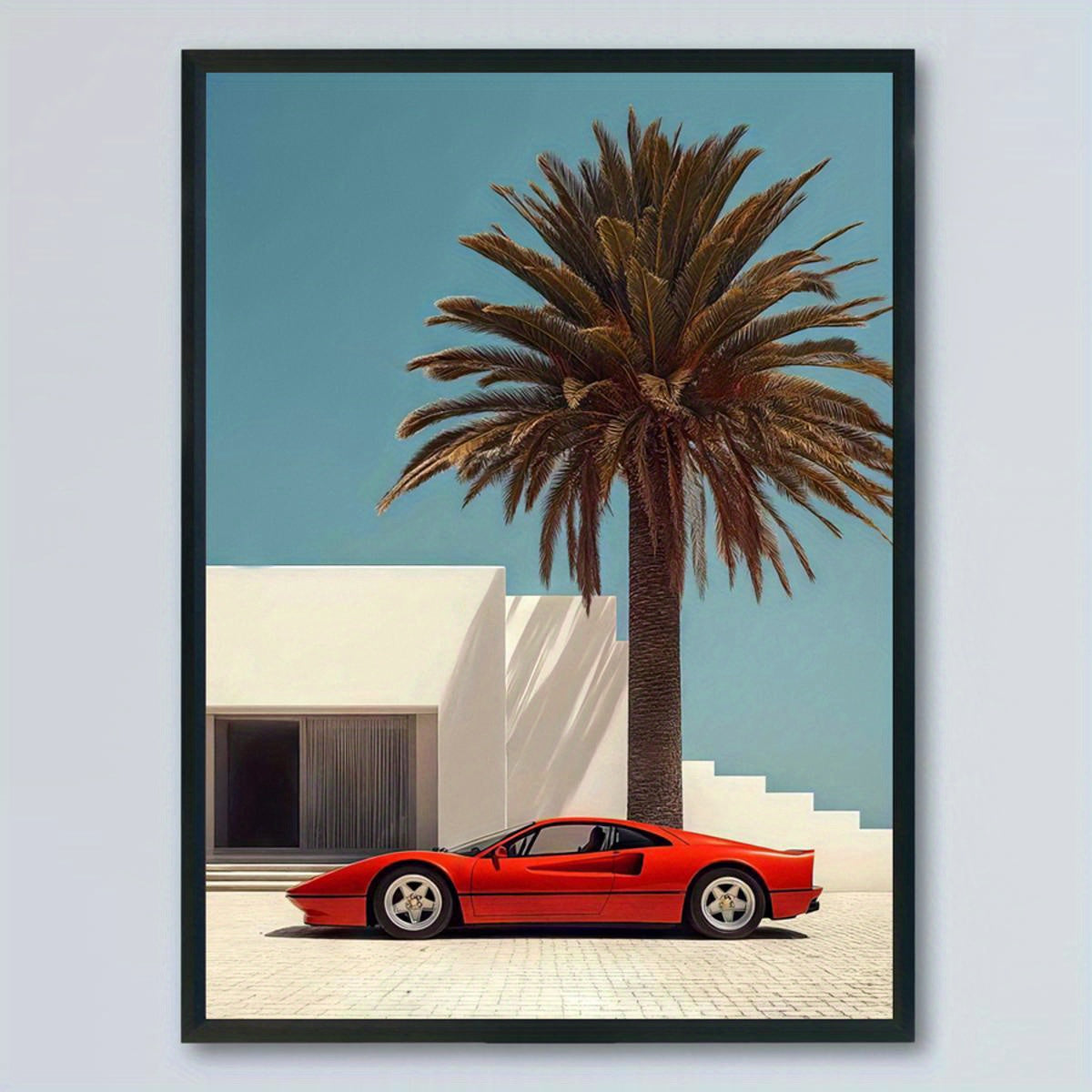 Vintage Modern Luxury Red Sports Car & Palm Tree Canvas Art Print - XI2K