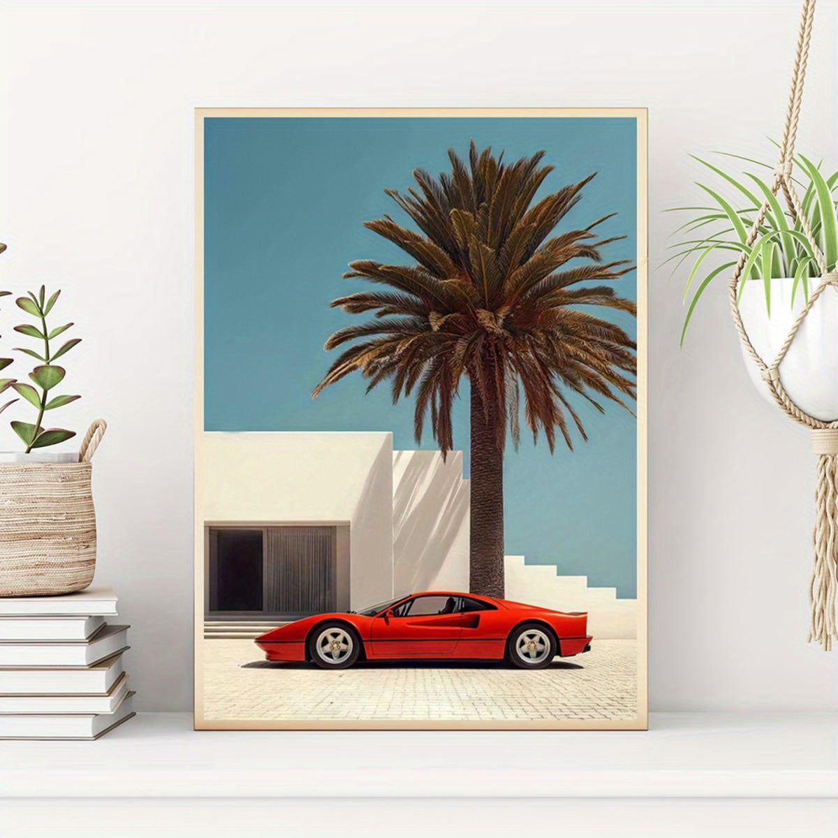 Vintage Modern Luxury Red Sports Car & Palm Tree Canvas Art Print - XI2K