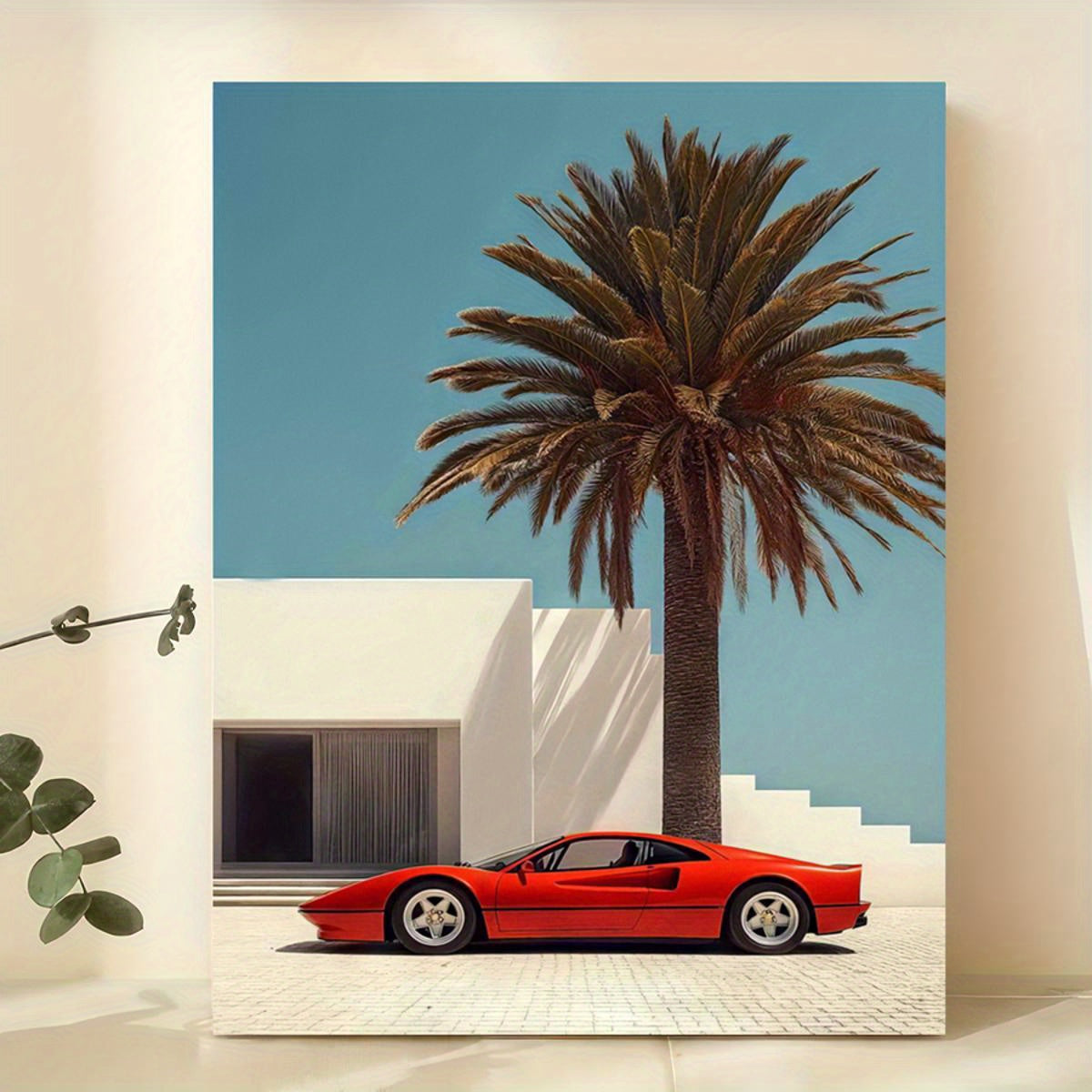 Vintage Modern Luxury Red Sports Car & Palm Tree Canvas Art Print - XI2K