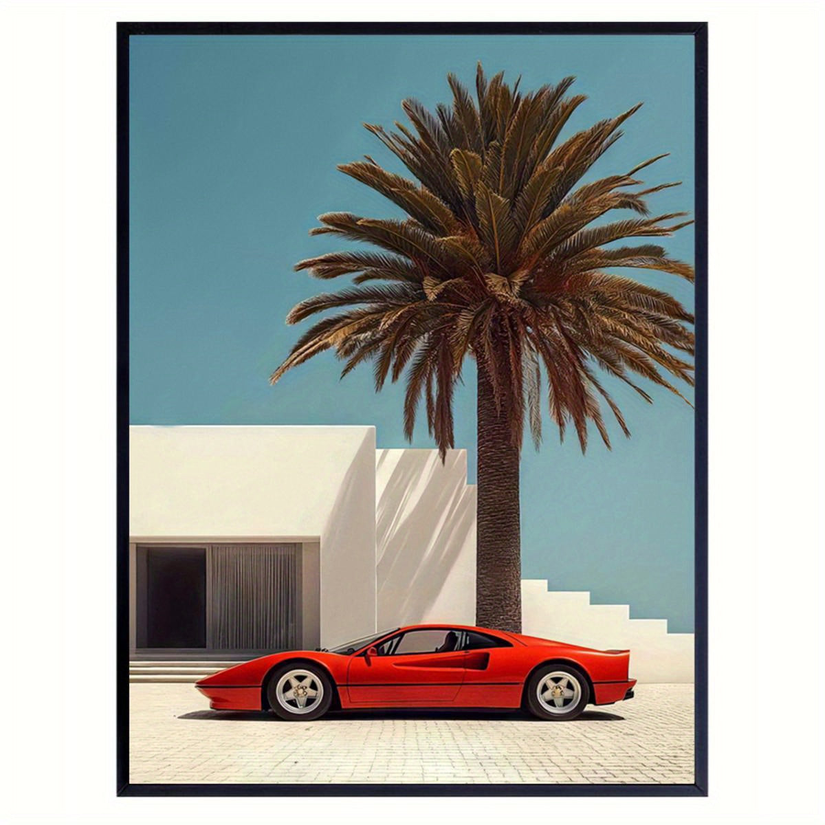 Vintage Modern Luxury Red Sports Car & Palm Tree Canvas Art Print - XI2K