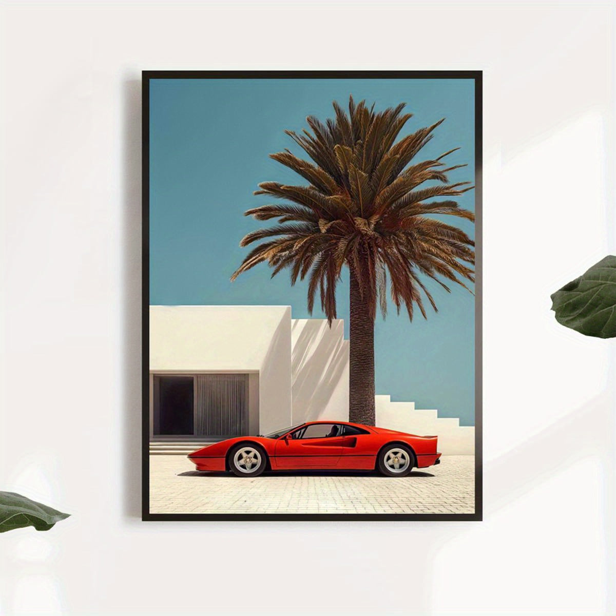 Vintage Modern Luxury Red Sports Car & Palm Tree Canvas Art Print - XI2K
