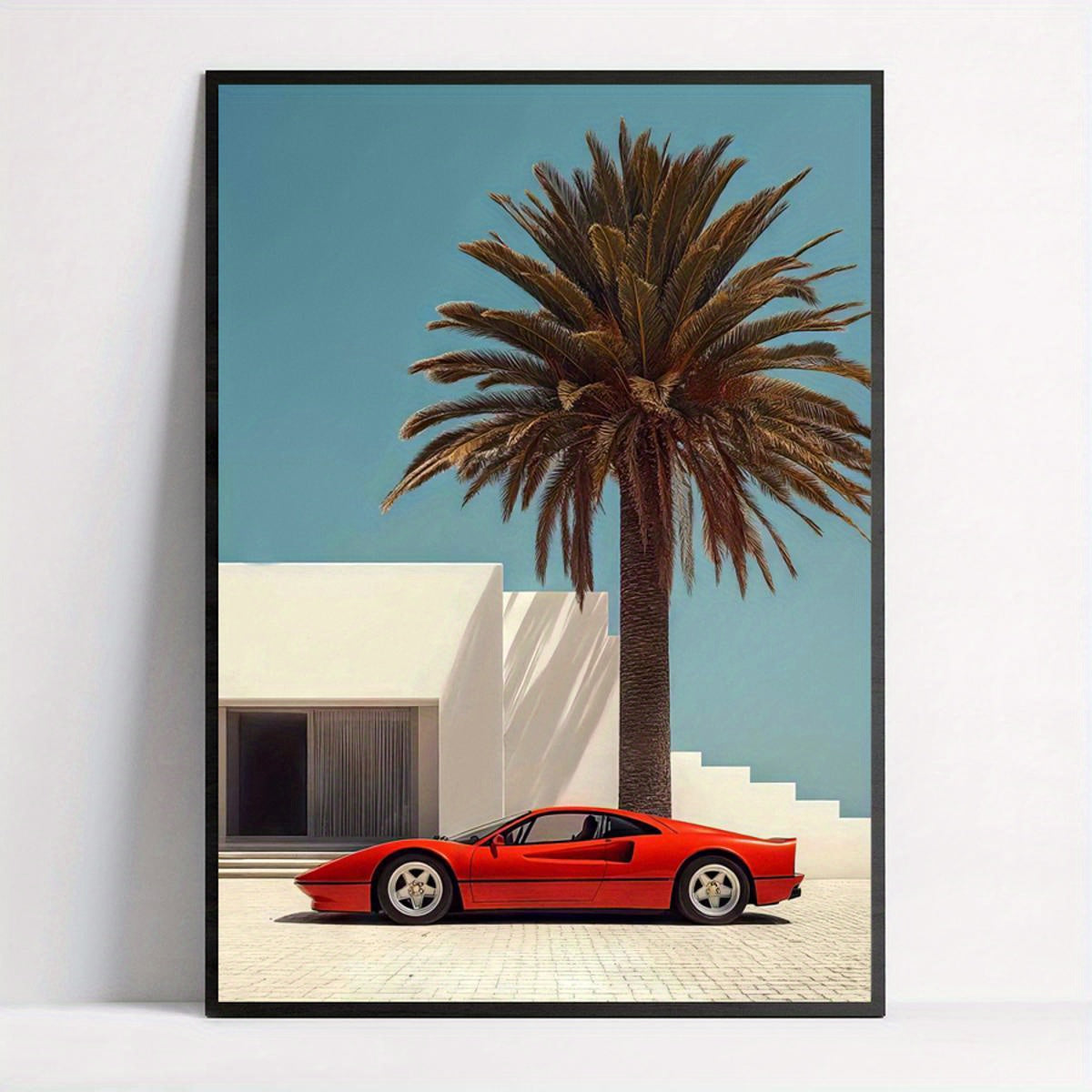 Vintage Modern Luxury Red Sports Car & Palm Tree Canvas Art Print - XI2K