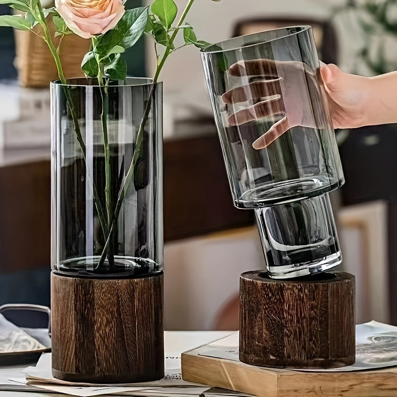 Elegant Glass Vase with Wooden Base, Home Decor Gift TJR6D3P