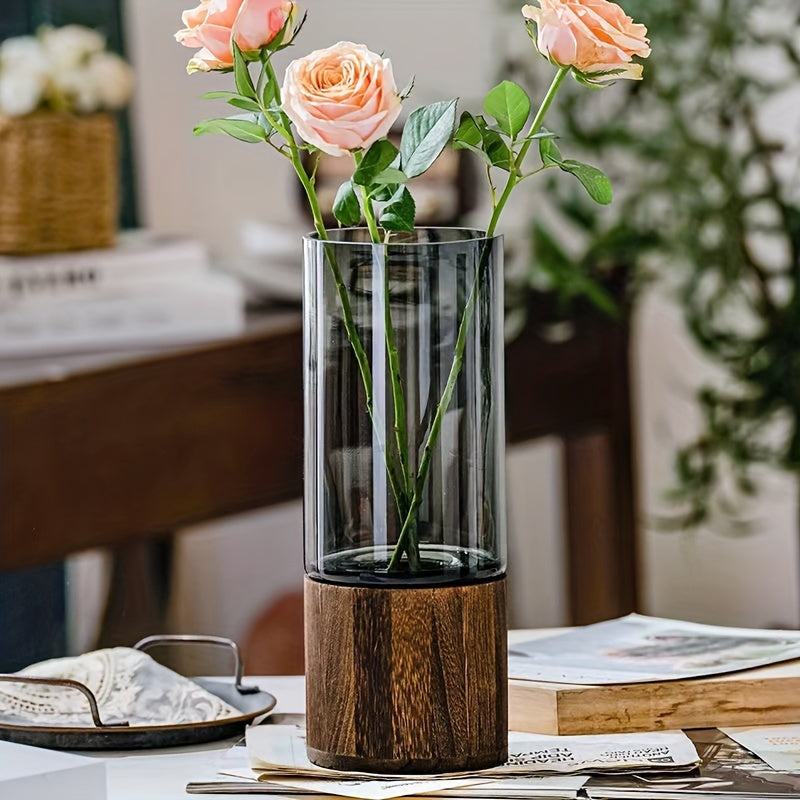 Elegant Glass Vase with Wooden Base, Home Decor Gift TJR6D3P