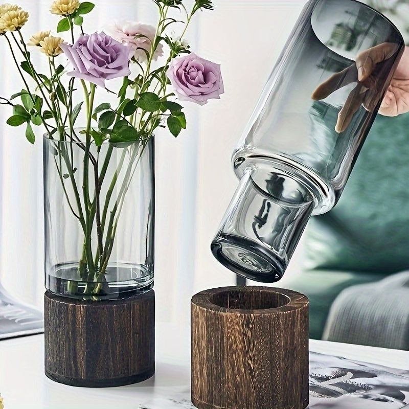 Elegant Glass Vase with Wooden Base, Home Decor Gift TJR6D3P