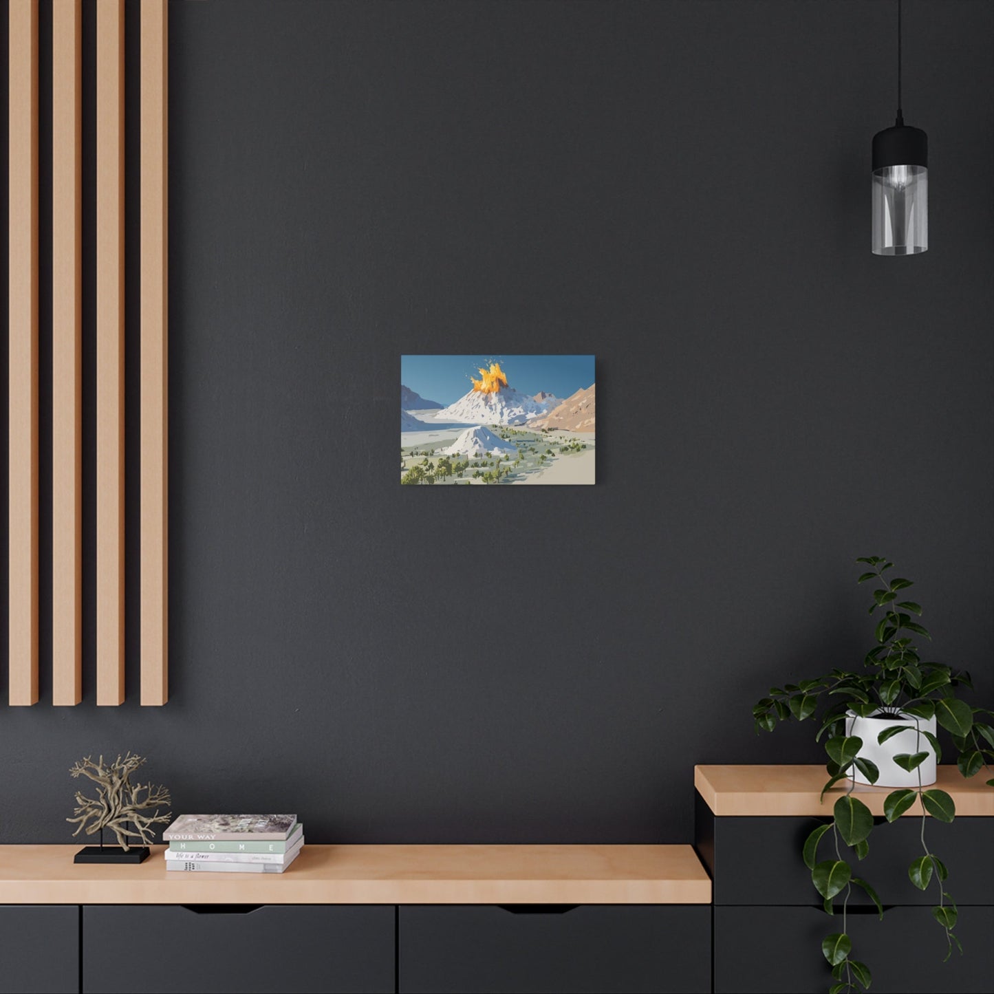 Tropical Volcano Eruption Canvas Wall Art | Stylized National-Park Vector Print on FSC-Certified Stretched Matte Canvas — Mystery Island Decor