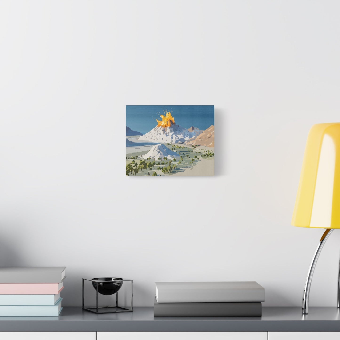 Tropical Volcano Eruption Canvas Wall Art | Stylized National-Park Vector Print on FSC-Certified Stretched Matte Canvas — Mystery Island Decor