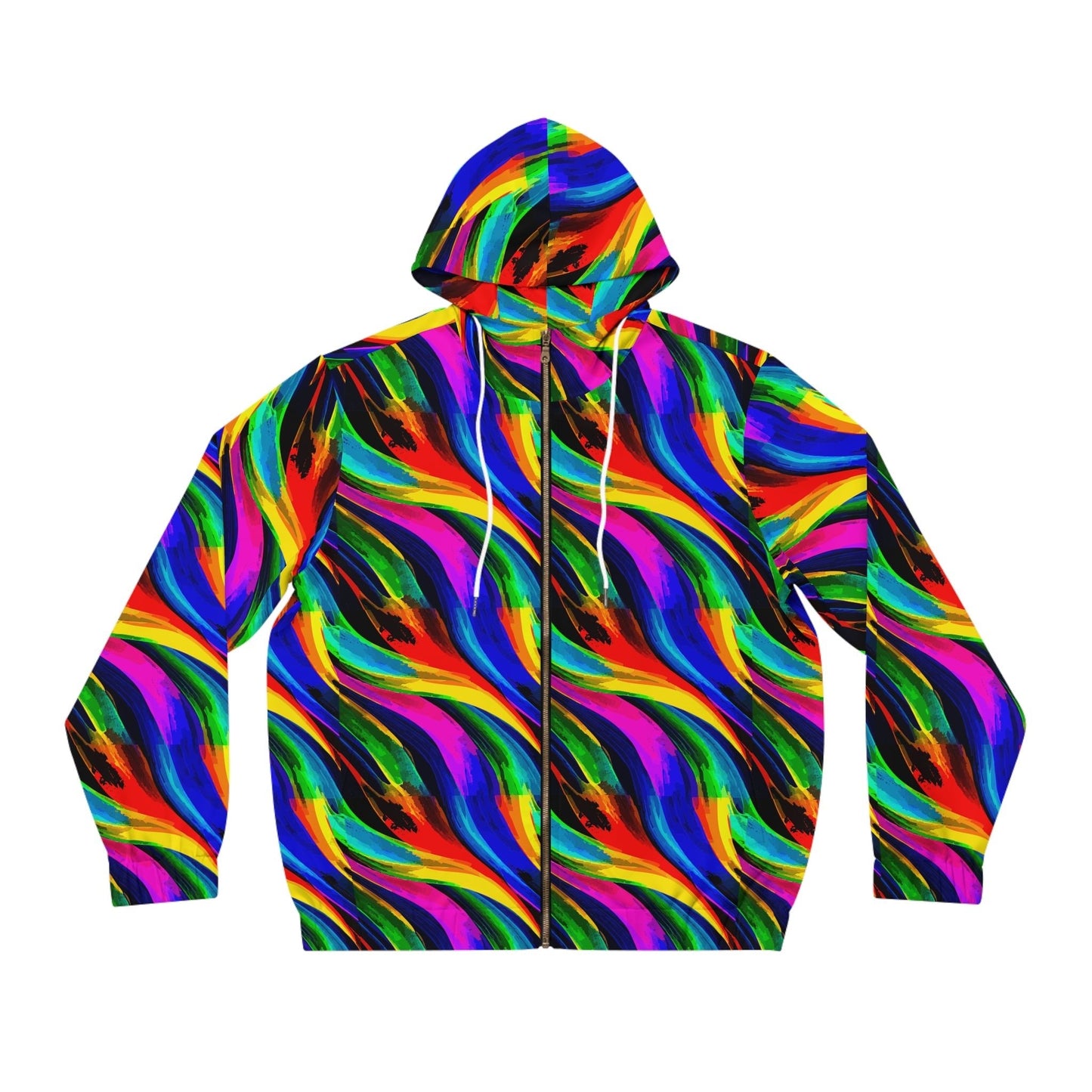 Vibrant Abstract AOP Full-Zip Hoodie – Gold Zipper, Black & White