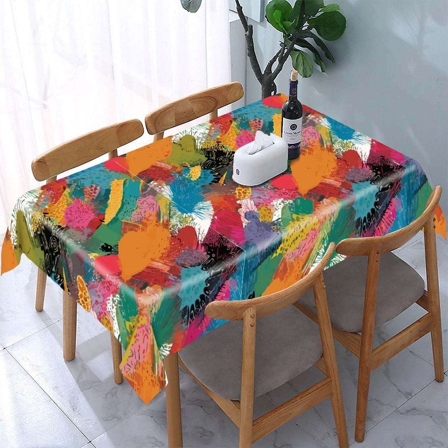 Painted Camo Tablecloth — Warm Multicolor Brush-Dab AOP Rectangular Table Cover, Maximalist Dining Decor