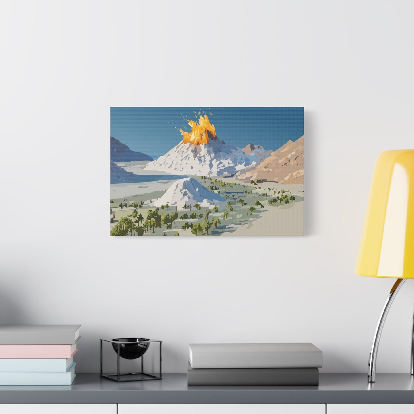 Tropical Volcano Eruption Canvas Wall Art | Stylized National-Park Vector Print on FSC-Certified Stretched Matte Canvas — Mystery Island Decor
