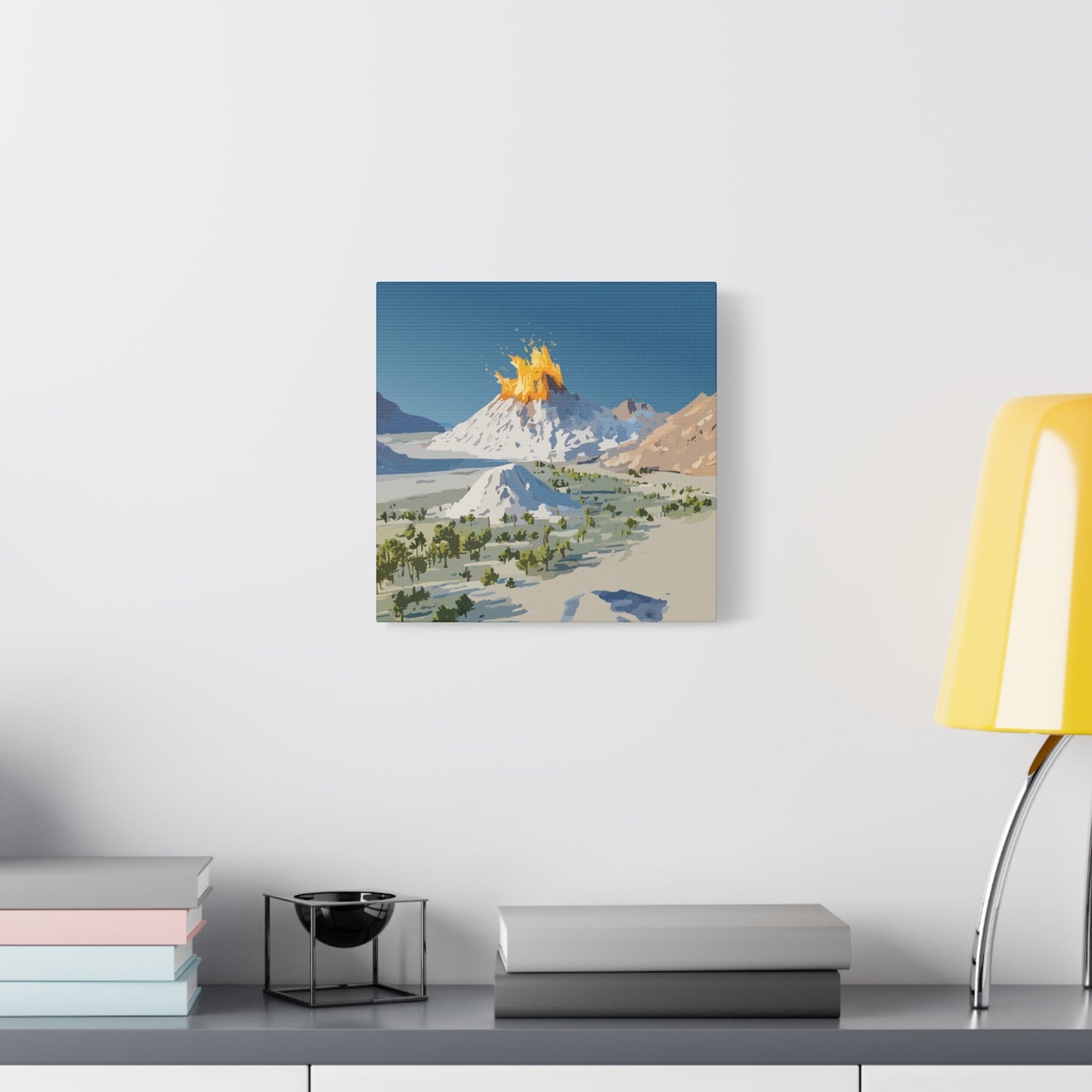 Tropical Volcano Eruption Canvas Wall Art | Stylized National-Park Vector Print on FSC-Certified Stretched Matte Canvas — Mystery Island Decor