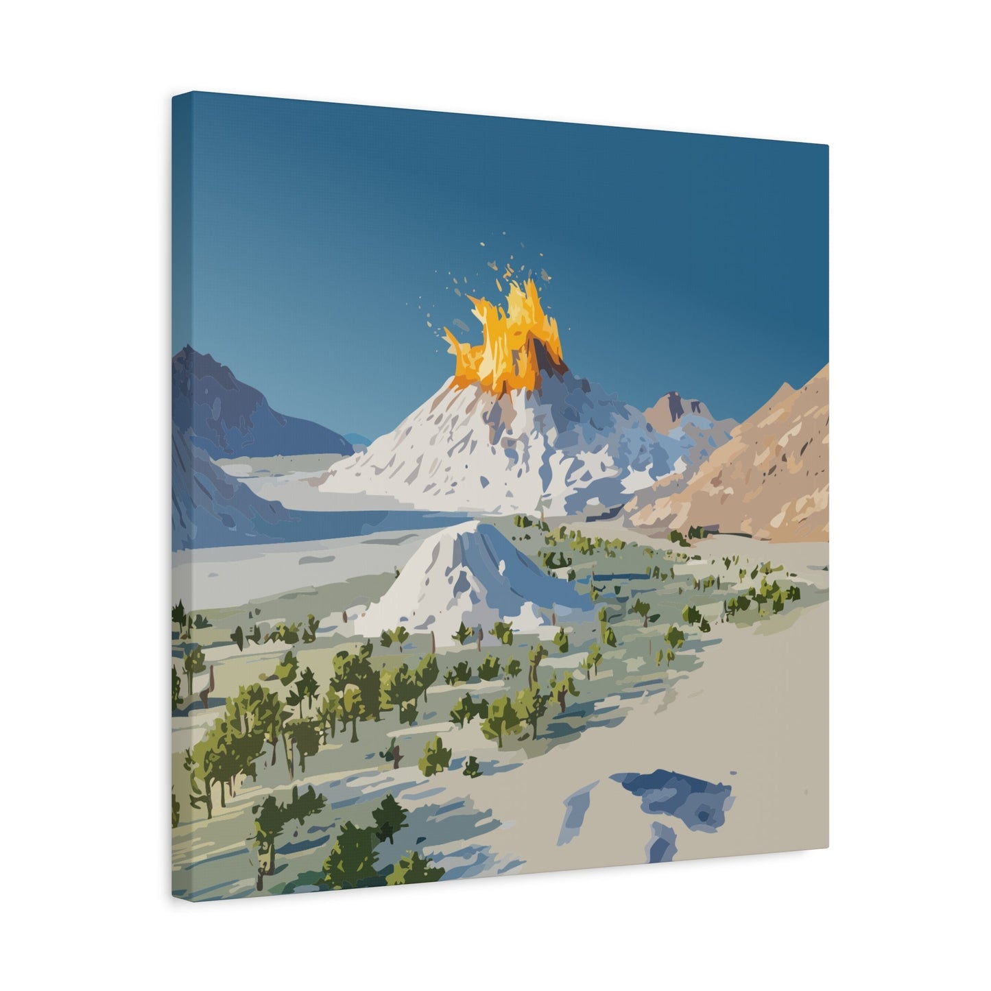Tropical Volcano Eruption Canvas Wall Art | Stylized National-Park Vector Print on FSC-Certified Stretched Matte Canvas — Mystery Island Decor