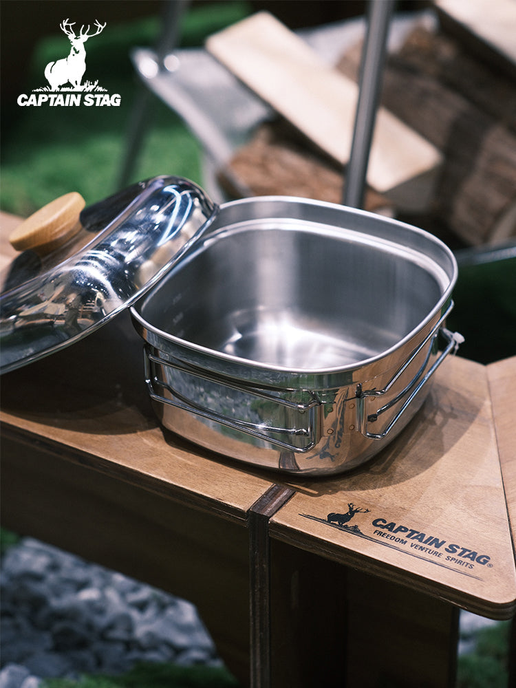 CAPTAIN STAG UH-4202 Square Pot With Lid Portable Foldable Lightweight 1.3L Stainless Steel Outdoor Camping Cookware Cooking Equipment Made in Japan