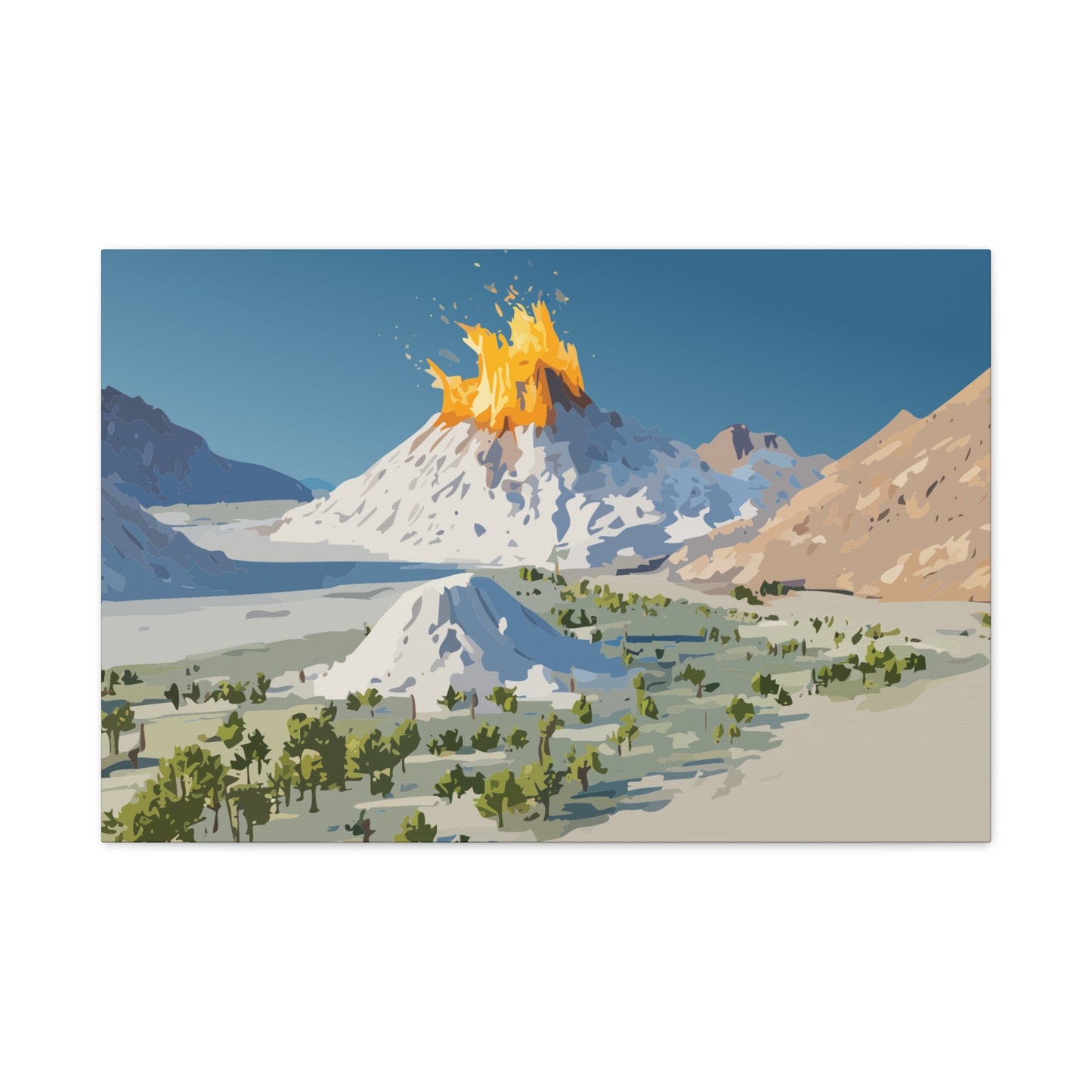 Tropical Volcano Eruption Canvas Wall Art | Stylized National-Park Vector Print on FSC-Certified Stretched Matte Canvas — Mystery Island Decor