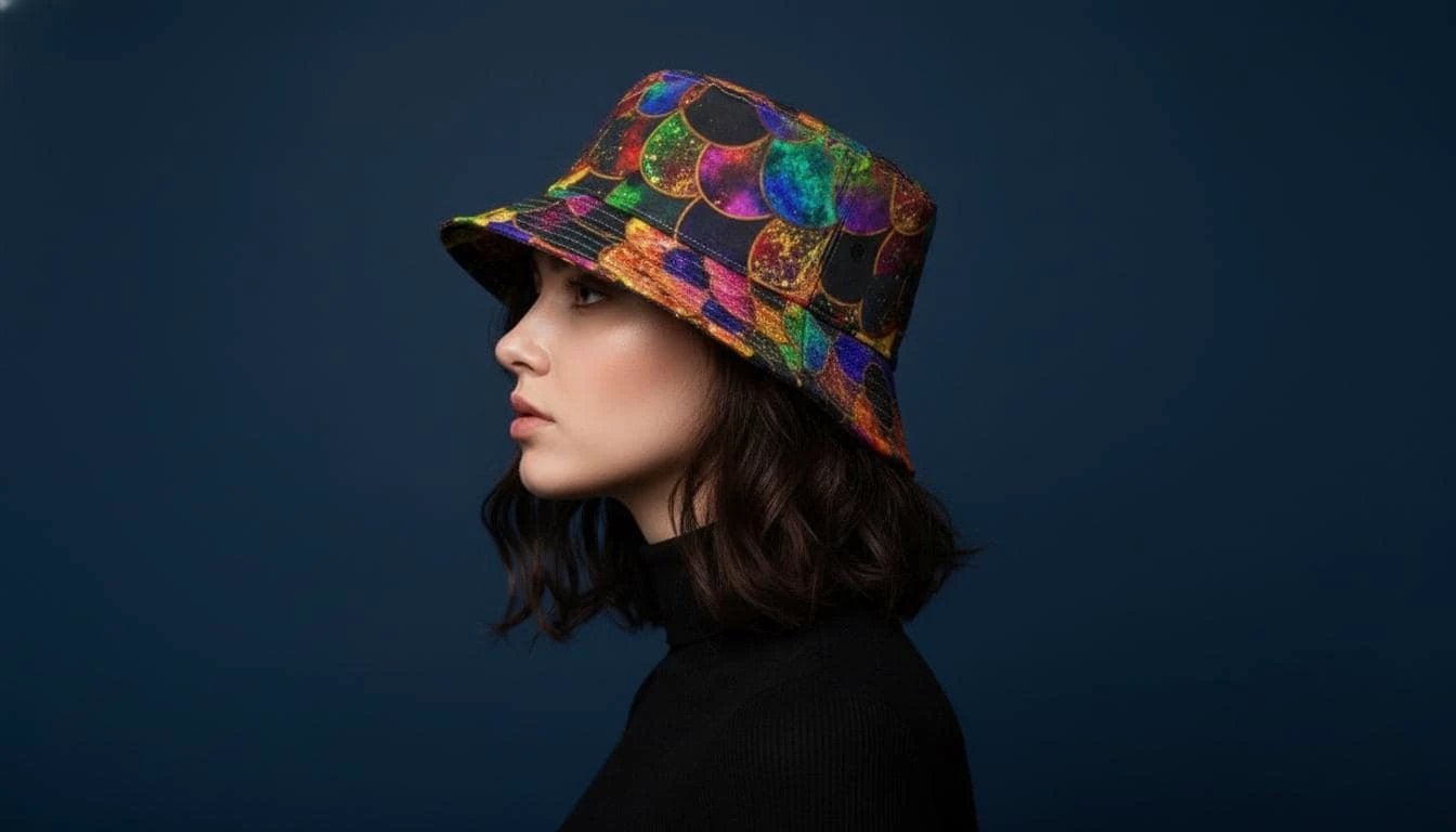 Maximalist Zany-Stitch AOP Bucket Hat for Eccentric Sun-Seekers — Bold USA-Made Print, Color Pop Festival Headwear