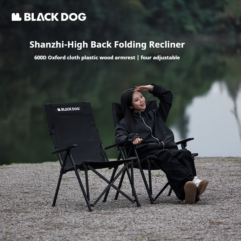 BLACKDOG High Back Folding Recliner Portable Lounger Chair High Backrest Load Bearing 120kg Carbon Steel Wood Armchair 4 Adjustable Camping Seat