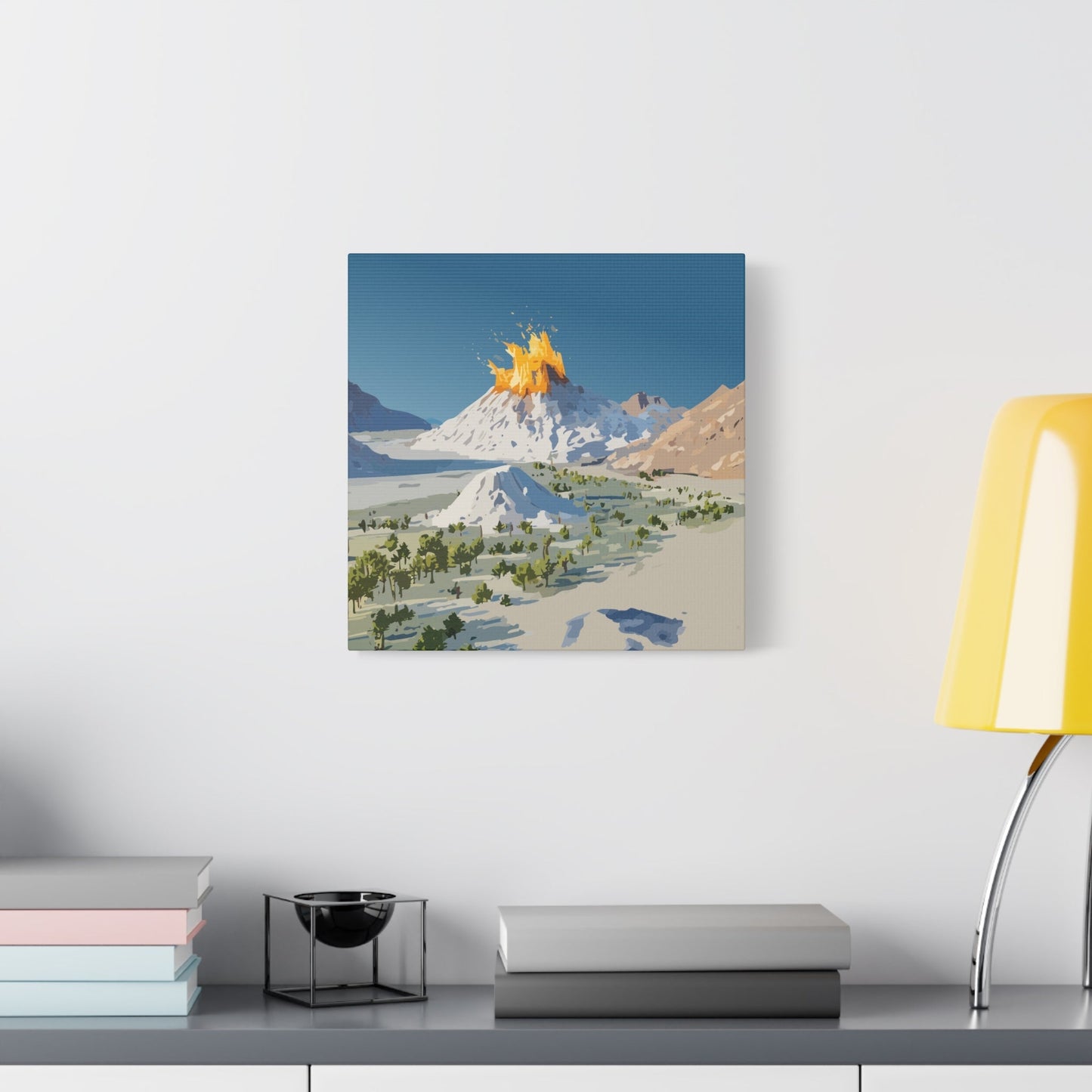 Tropical Volcano Eruption Canvas Wall Art | Stylized National-Park Vector Print on FSC-Certified Stretched Matte Canvas — Mystery Island Decor