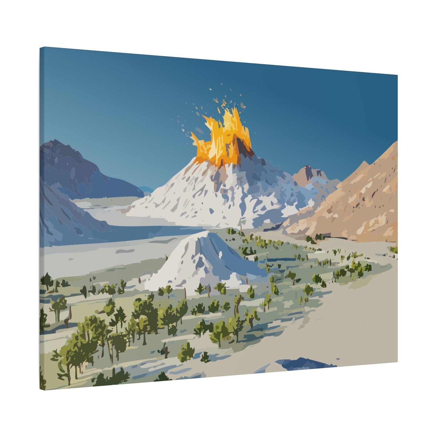 Tropical Volcano Eruption Canvas Wall Art | Stylized National-Park Vector Print on FSC-Certified Stretched Matte Canvas — Mystery Island Decor