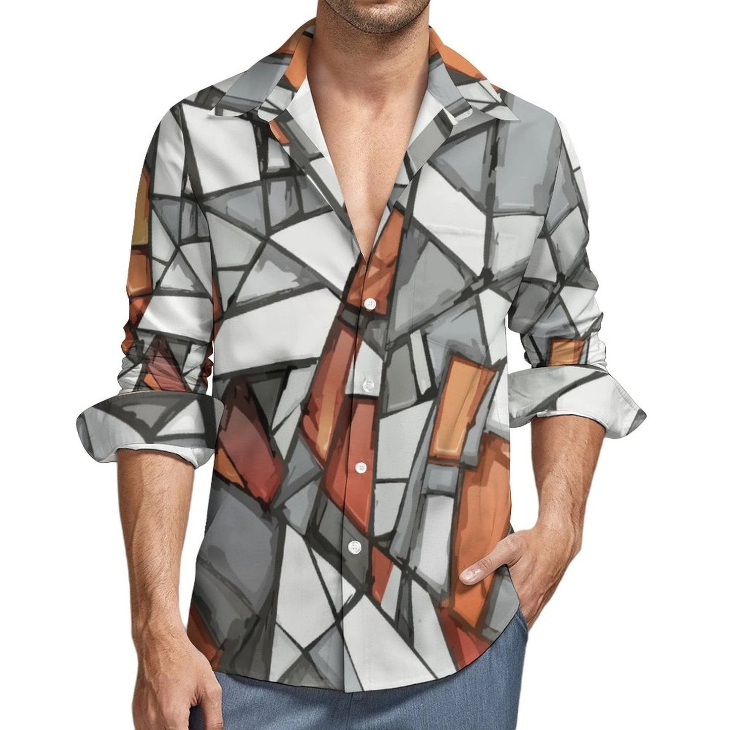 Shattered Mosaic Faux Linen Shirt — Stone & Amber Stained-Glass AOP Long Sleeve with Pocket