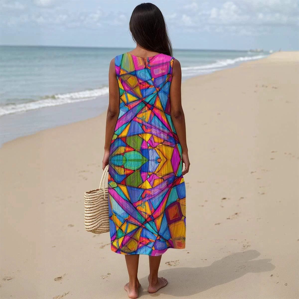 Maximalist Abstract Slub Cotton Summer Dress for Creative Fashion Dressers — AOP Sleeveless Midi, Artistic Warm-Weather Statement