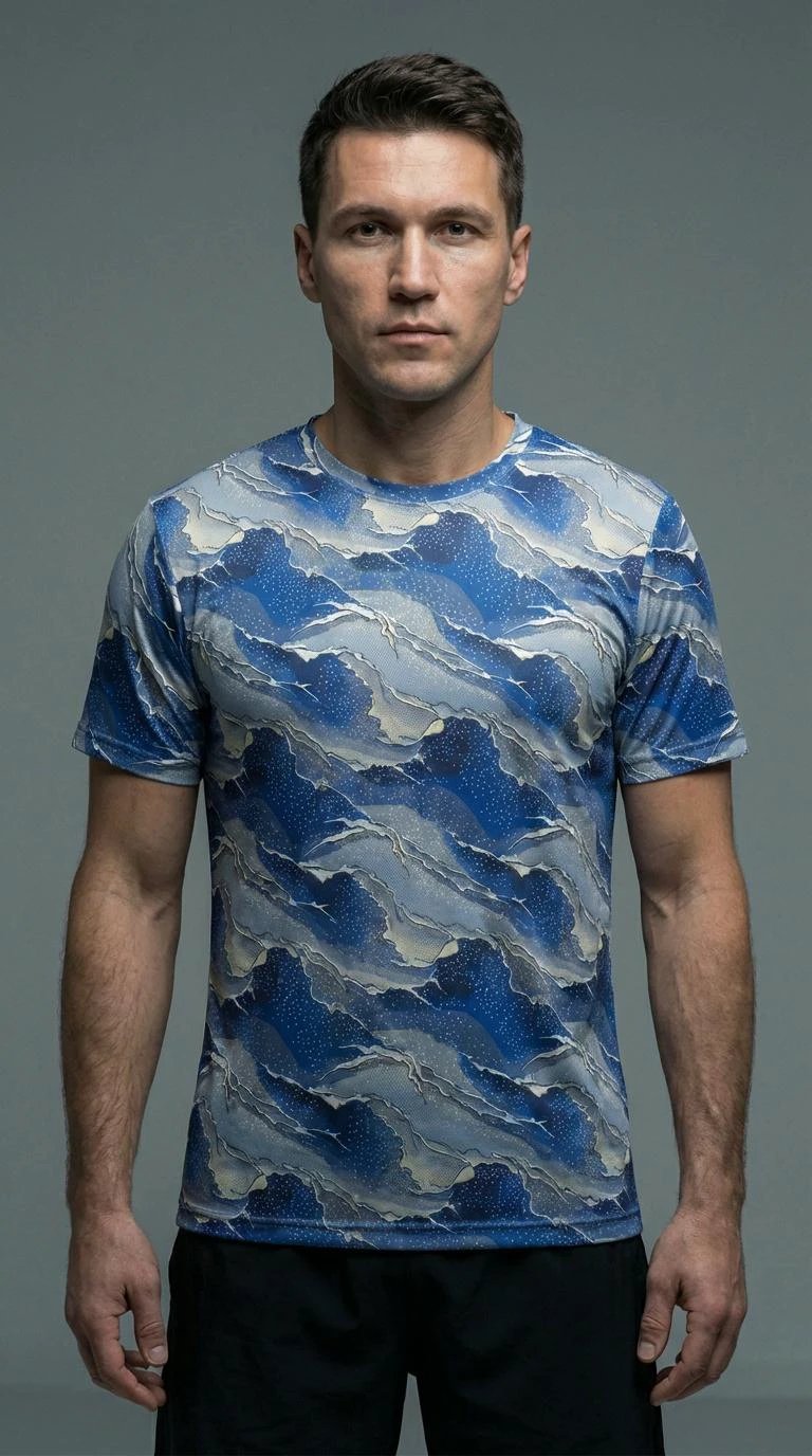 Seigaiha Wave AOP T-Shirt | Blue Geometric Pattern 140g