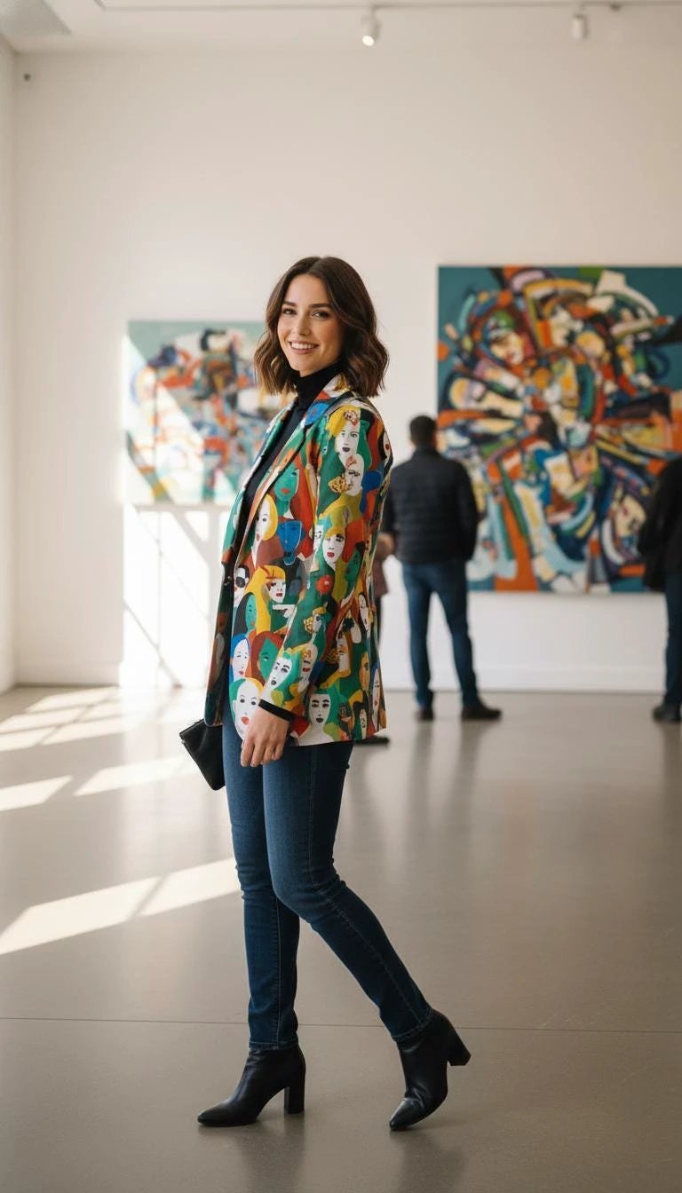 Urban Crowd Faces Designer Blazer - Bold All-Over Print Cotton Suit Jacket for Creatives
