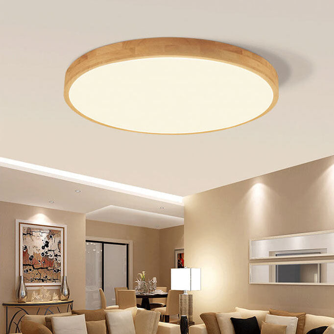 Nordic Solid Wood Round LED Flush Mount Ceiling Light With Ultra-Thin Profile