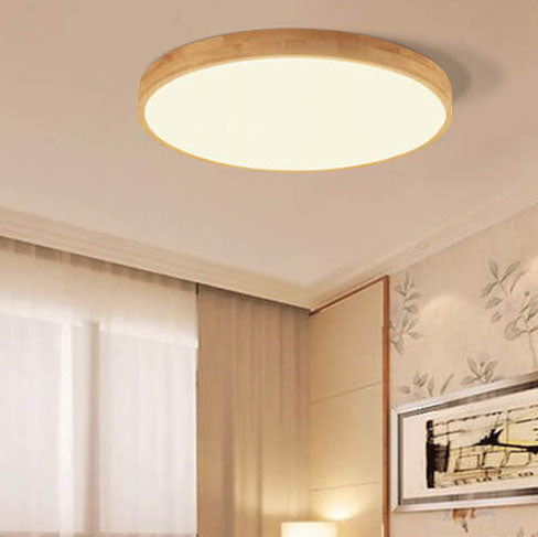 Nordic Solid Wood Round LED Flush Mount Ceiling Light With Ultra-Thin Profile