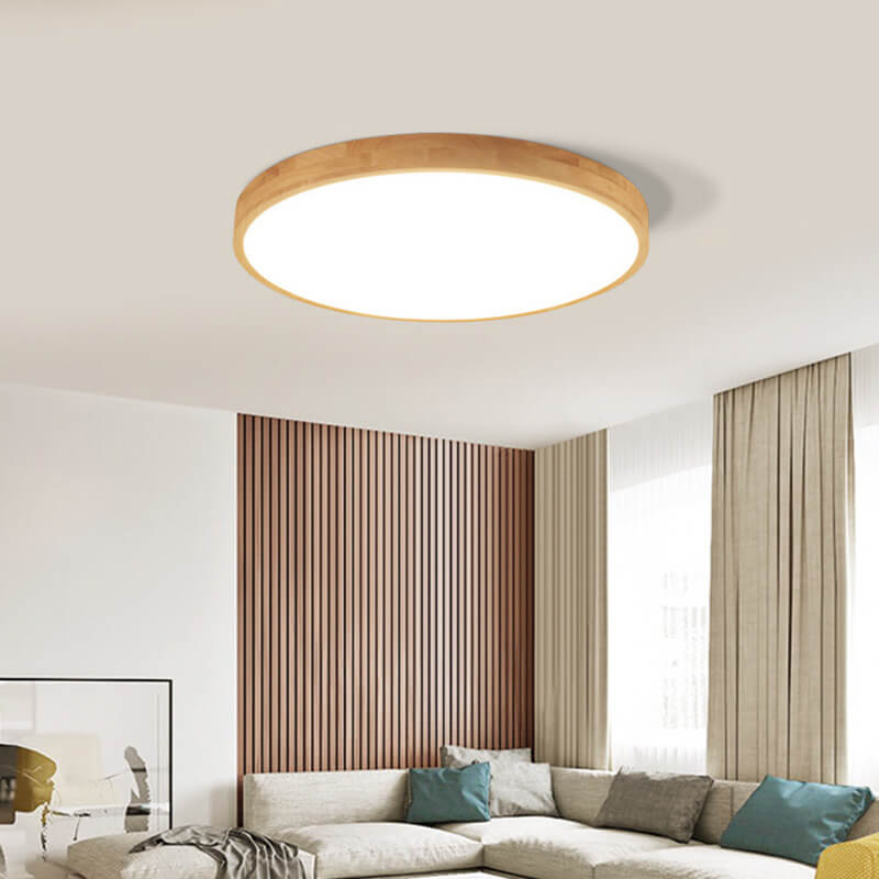 Nordic Solid Wood Round LED Flush Mount Ceiling Light With Ultra-Thin Profile