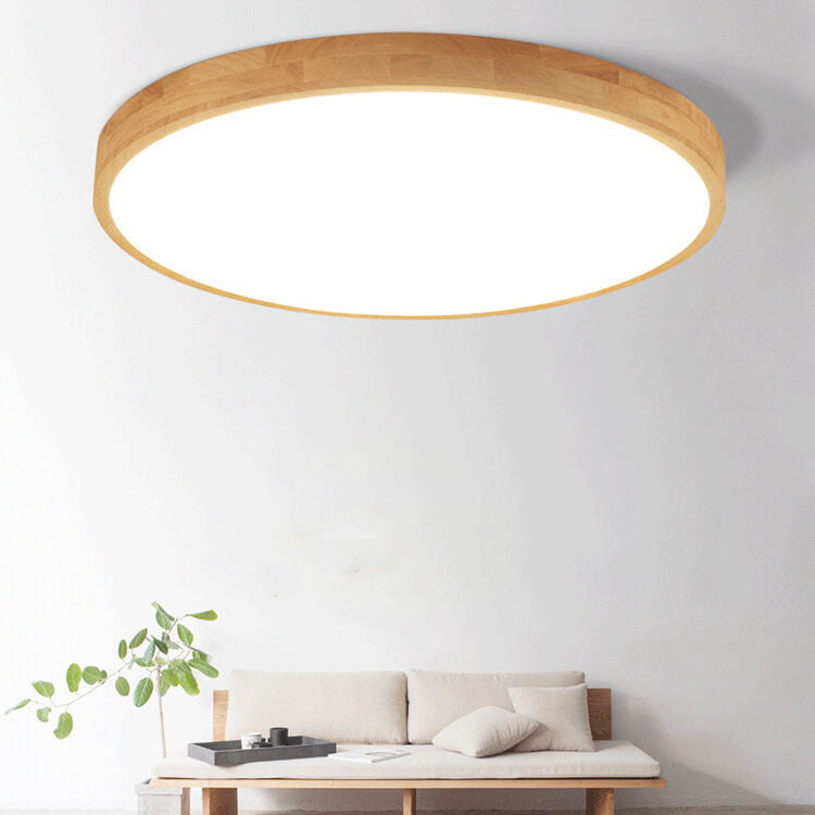 Nordic Solid Wood Round LED Flush Mount Ceiling Light With Ultra-Thin Profile