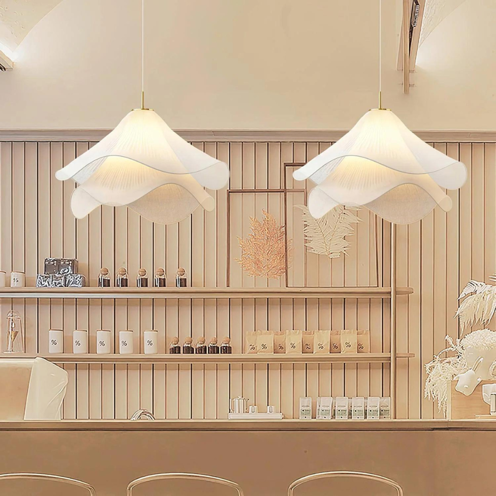 White Japandi Fabric pendant lights LED Light With Wavy Shade