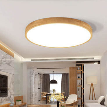 Nordic Solid Wood Round LED Flush Mount Ceiling Light With Ultra-Thin Profile
