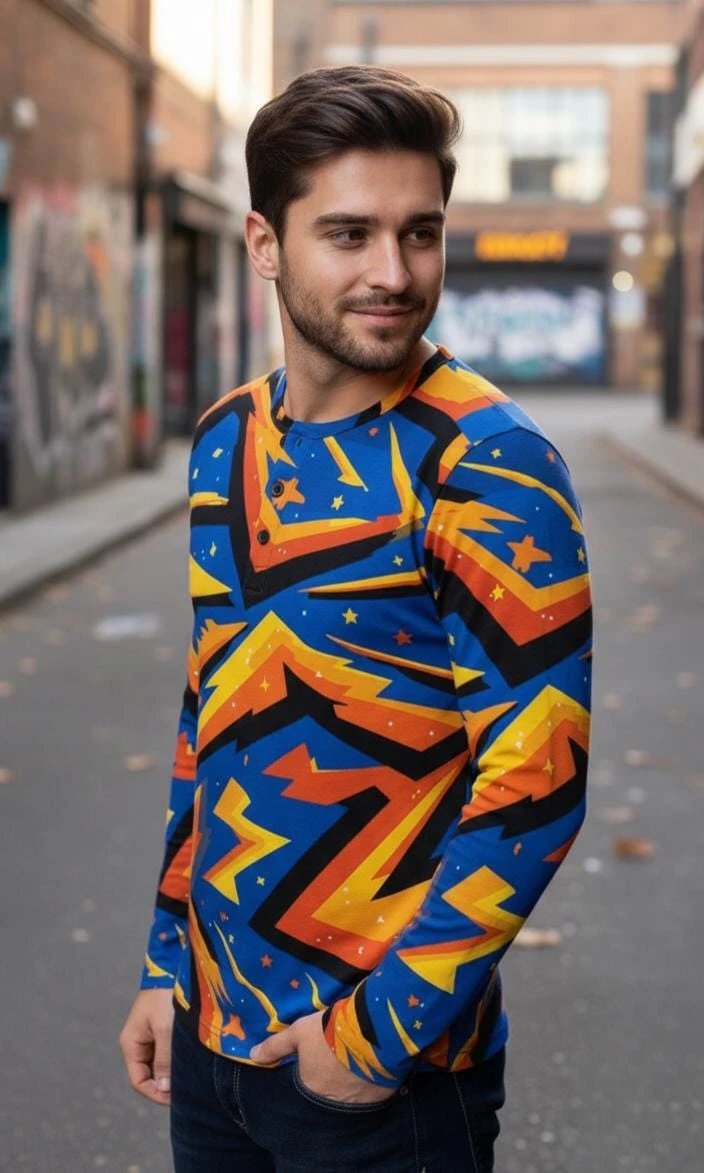 Men's Lightning AOP Henley Shirt for Maximalist Cyberpunk Streetwear Dressers — Long Sleeve Bold Print Statement Top
