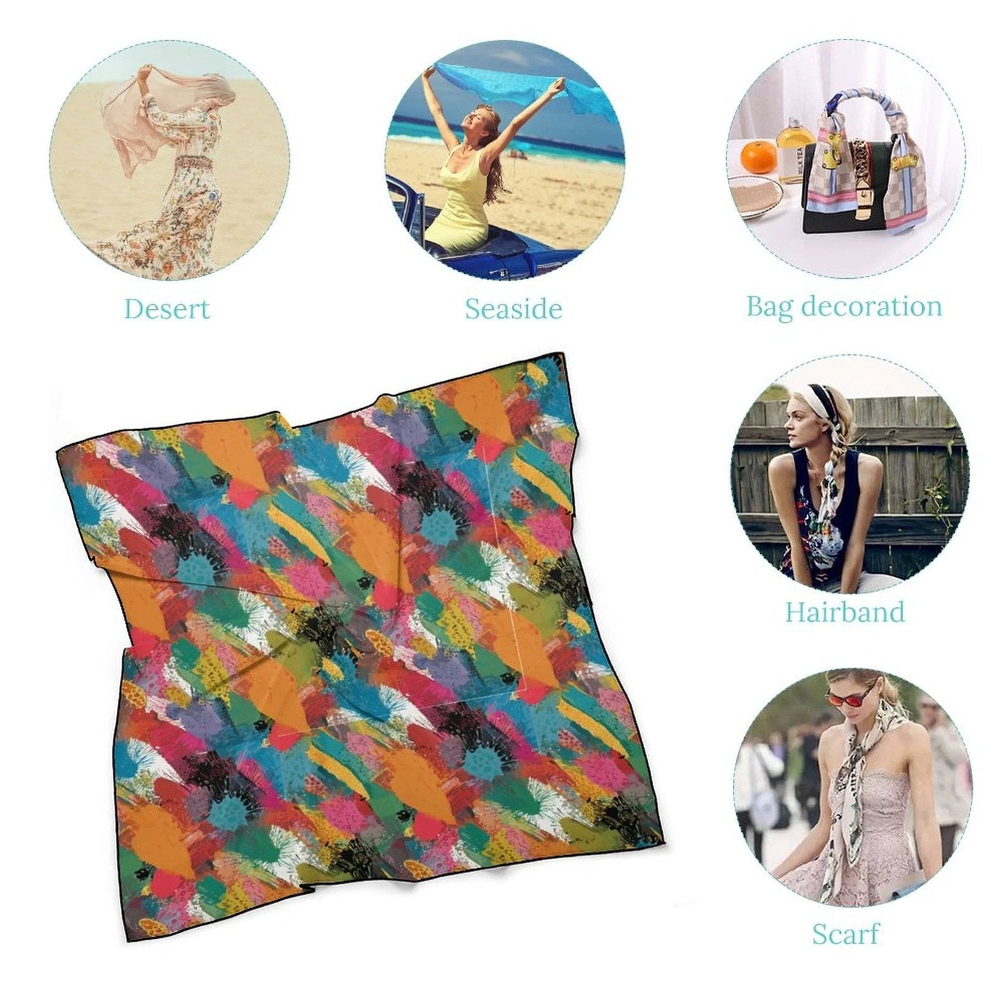Maximalist Six-Way Scarf for Aesthetic Collectors — Abstract AOP Silk-Feel Square, Wearable Art Neckerchief, Festival Hair Wrap, Gift Under $15