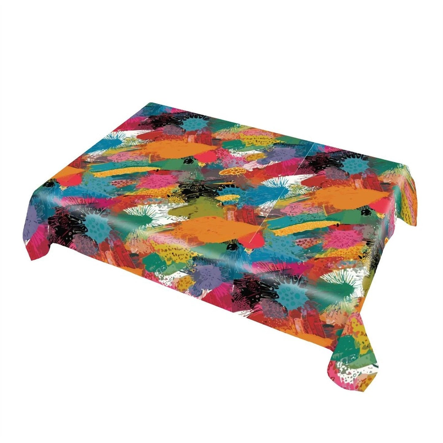 Painted Camo Tablecloth — Warm Multicolor Brush-Dab AOP Rectangular Table Cover, Maximalist Dining Decor