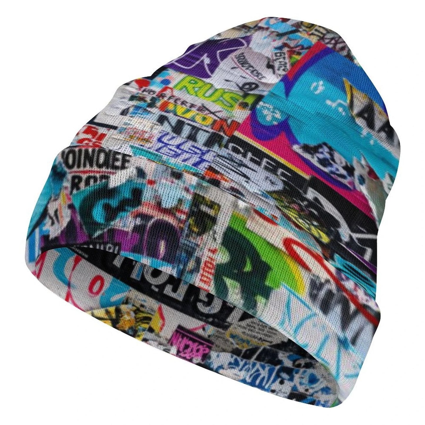 Tag Collage AOP Knit Beanie – All-Over Print, One Size