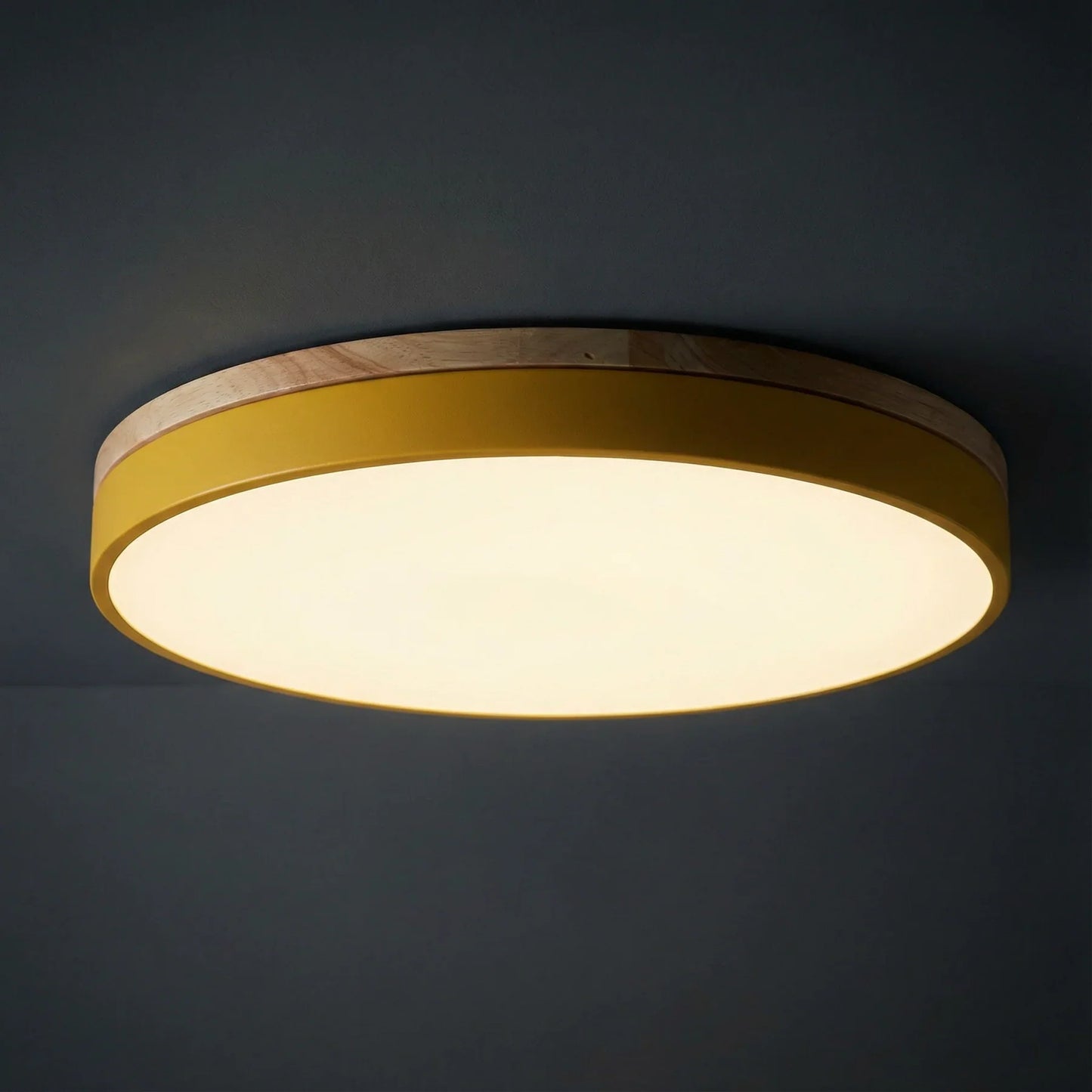 Round Flush LED Ceiling Light with Wood Trim for Living Room