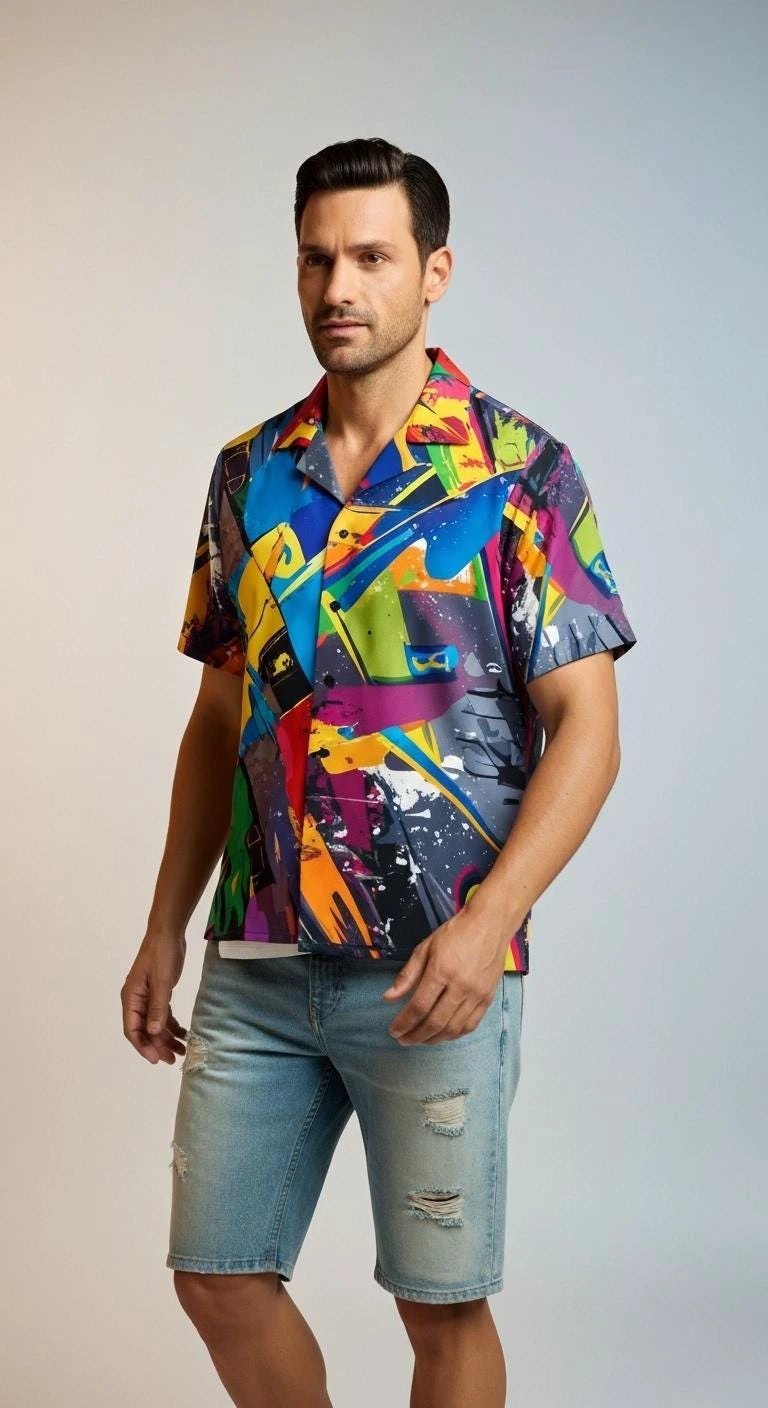 Trippy Tropics Vaporwave Hawaiian Shirt - Vibrational Vector AOP Button-Up for Cyber-Vacation & Festivals