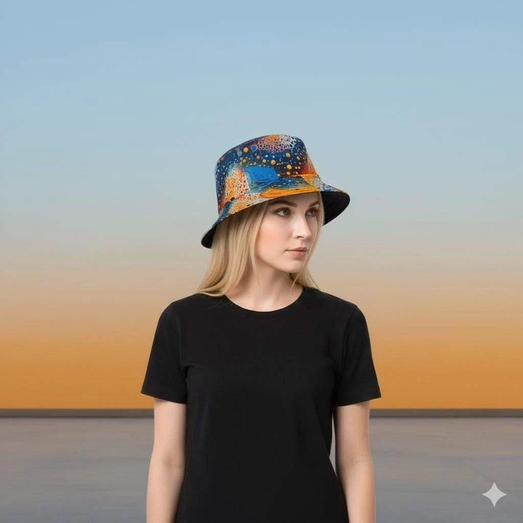 Cosmic Dot Painting Galaxy Bucket Hat for Astronomy + Festival Lovers — AOP Space Pattern Sun Hat, Made in USA, 3-Size Fit