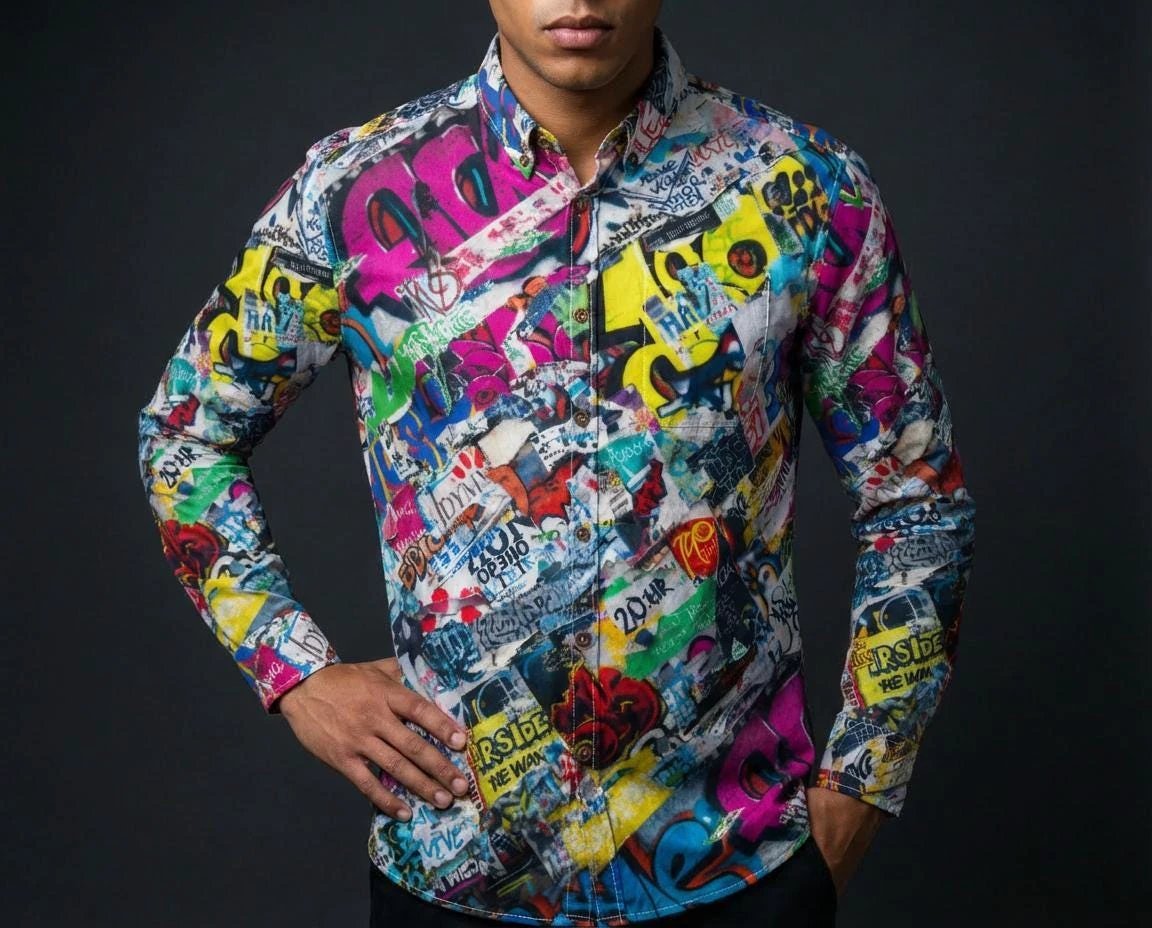 Graffiti Print Cotton Poplin Shirt for Creative Directors and Urban Stylists — Antibacterial AOP Designer Workwear, Smart-Casual Street Art Statement