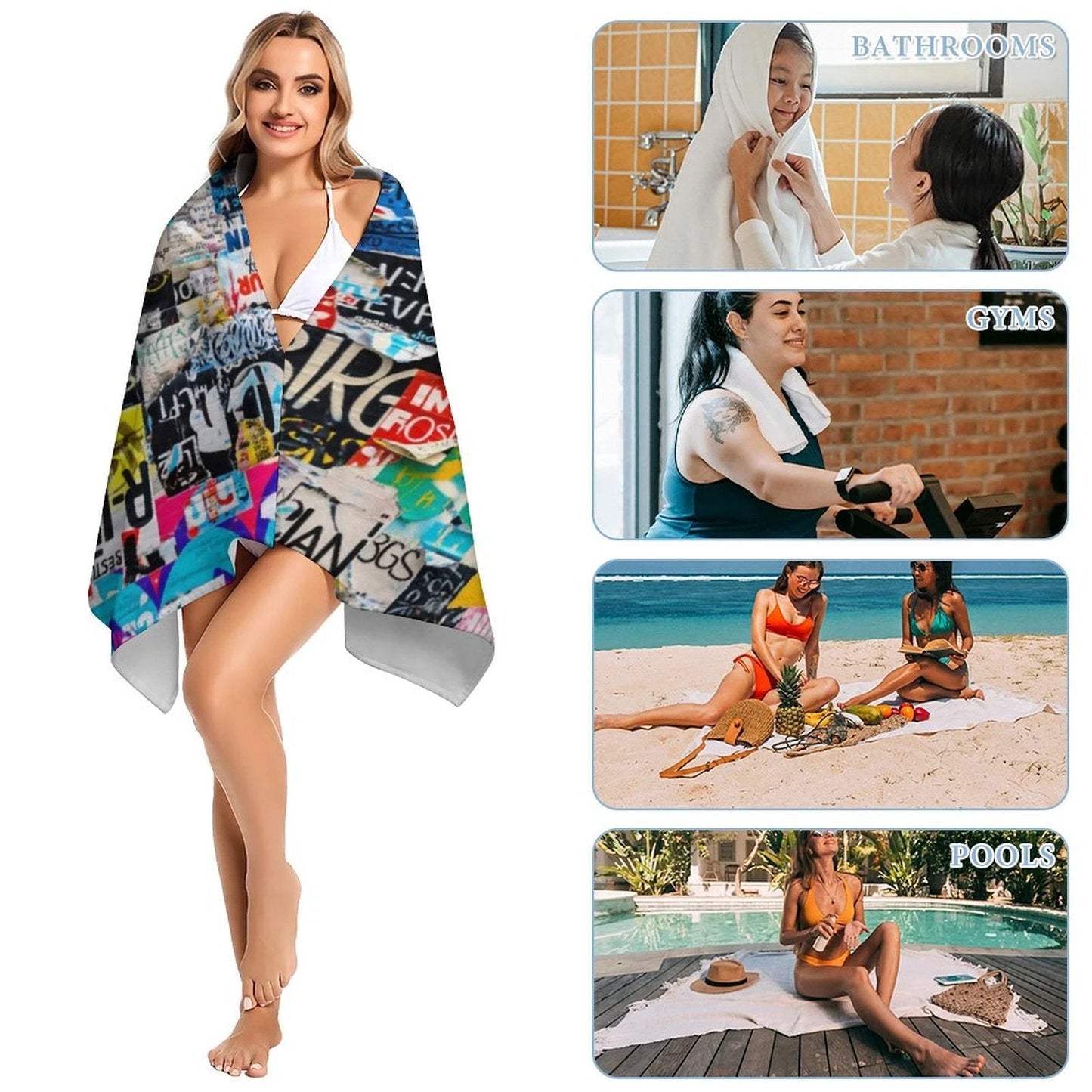 StreetsmART Sticker Bomb AOP Microfiber Beach Towel | 61"×30" Oversized Quick-Dry Festival Pool Towel — Urban Collage Maximalist Sublimation Print