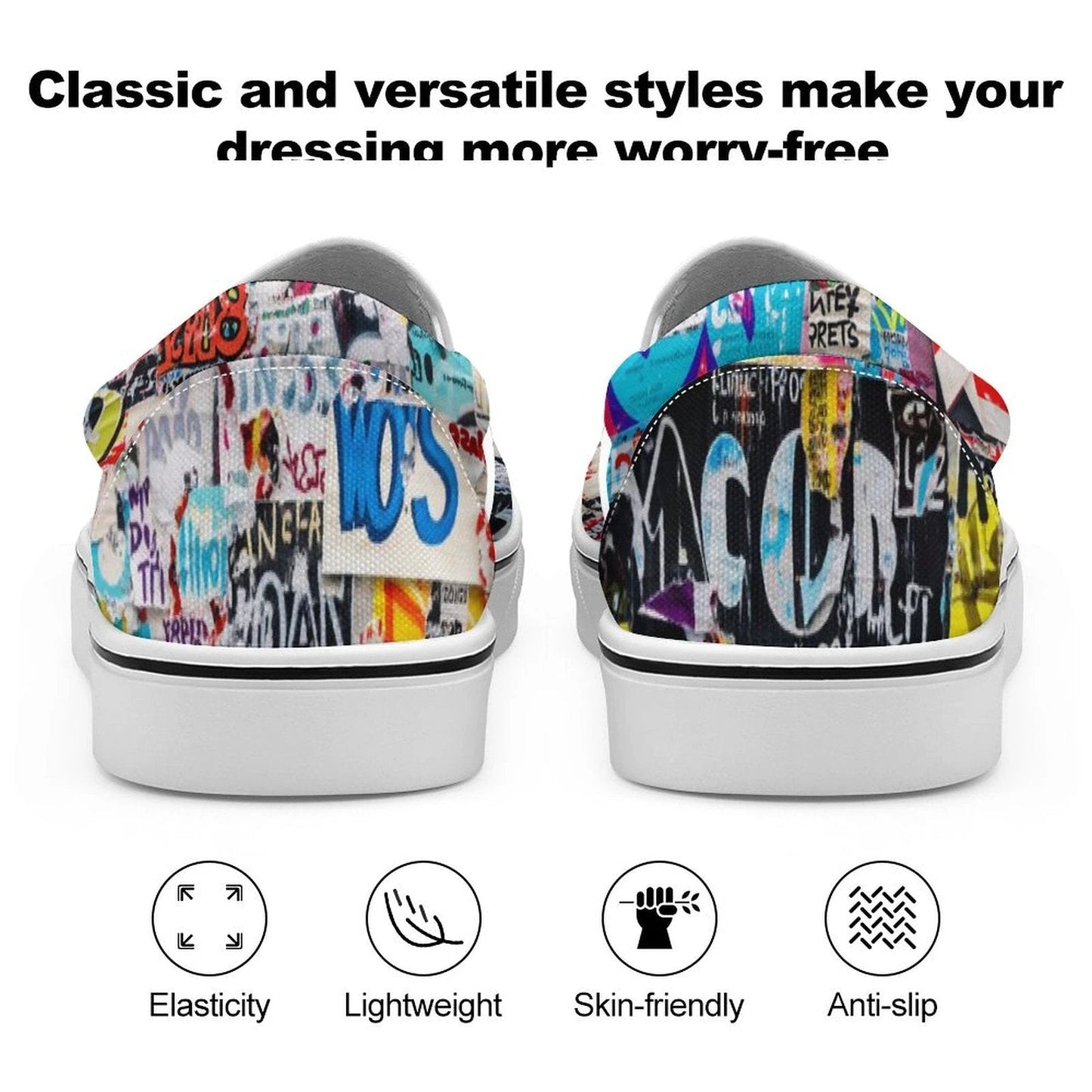 Sticker Bomb Slip-On Shoes — Graffiti Collage AOP Canvas Sneakers, Everyday Street Art Footwear